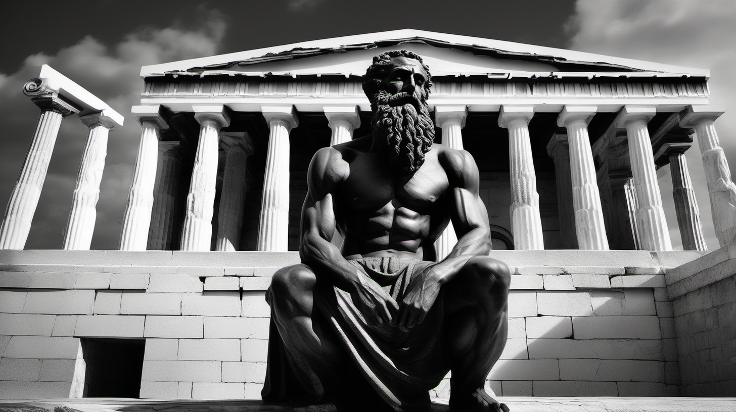"Create a captivating image featuring an aged, muscular black greek man statue with a long beard, deep in contemplation, set against the backdrop of an ancient Greek building in rich, black tones. Capture the essence of timeless reflection and cultural fusion in this visually striking scene."