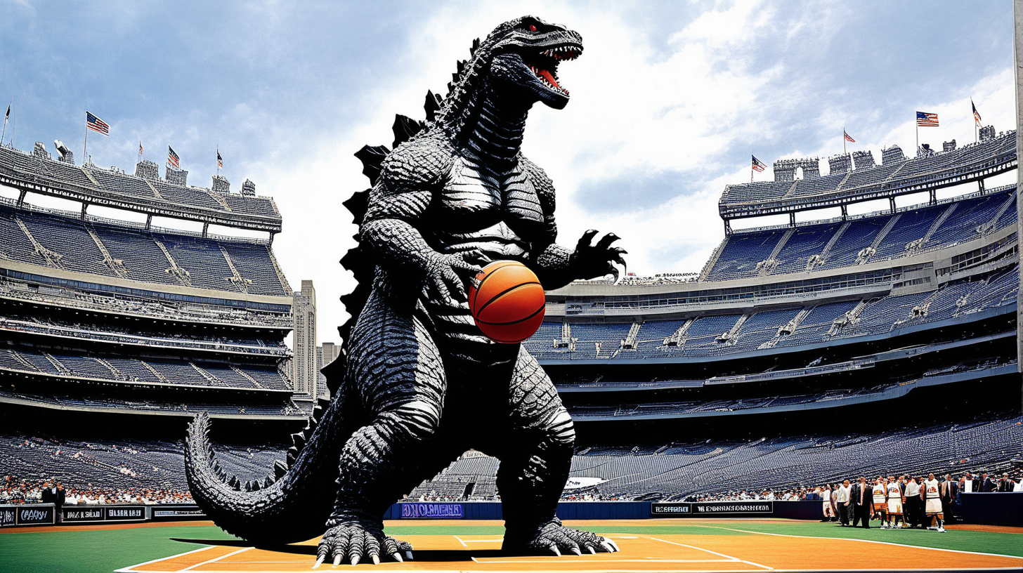 Godzilla playing basketball in Yankee Stadium