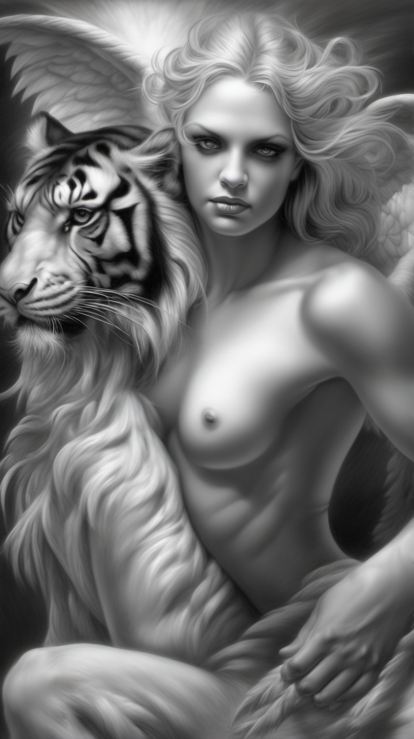 /imagine prompt : a hyper realistic black and gray Boris Vallejo drawing, portraing a beautiful angel by a tiger create a sureal fantasy atmosphere
<background>white papaer
<style>pencil drawing
