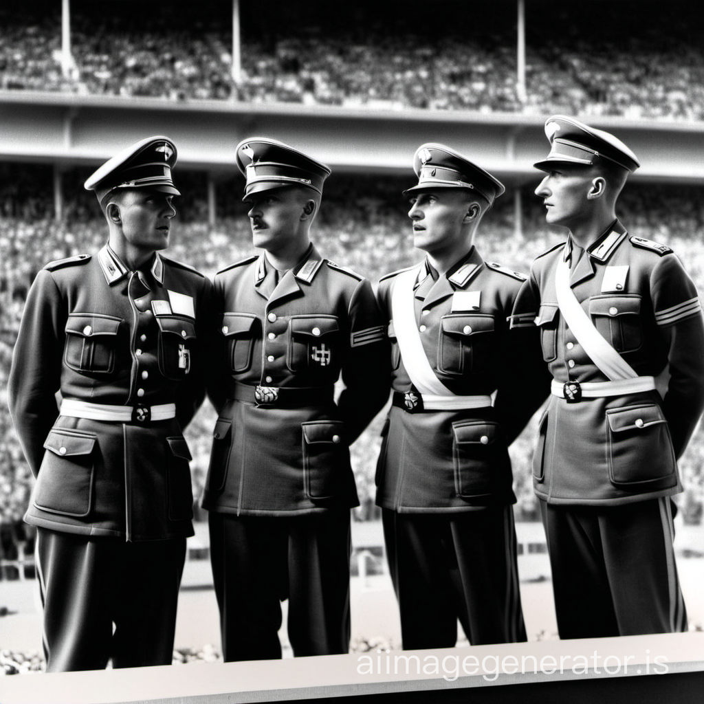 German military soldiers at 1936 Olympics watching winners of 100 meter dash on podium
