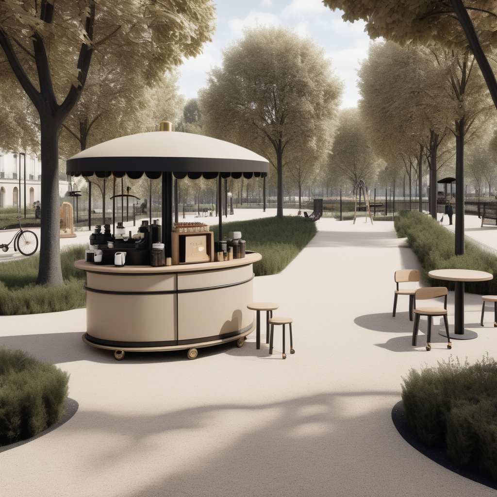 hyperrealistic modern Parisian park with coffee cart and