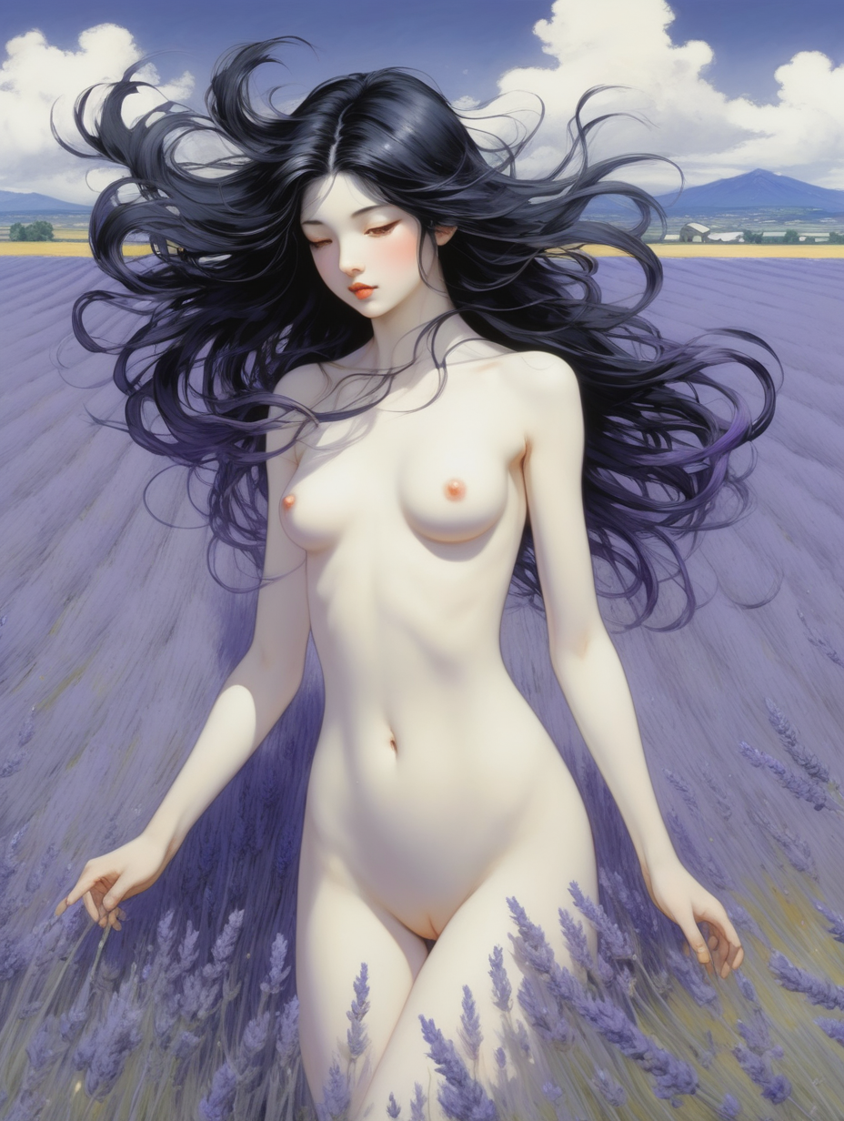 Chica,pelo negro , pálida , está en un campo de lavanda , el viento mueve su pelo . El estilo artístico es de Amano y tiene una técnica de pintura clásica . Ella está desnuda 