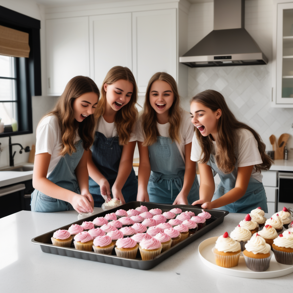 Four teenage girls are baking cupcakes The kitchen