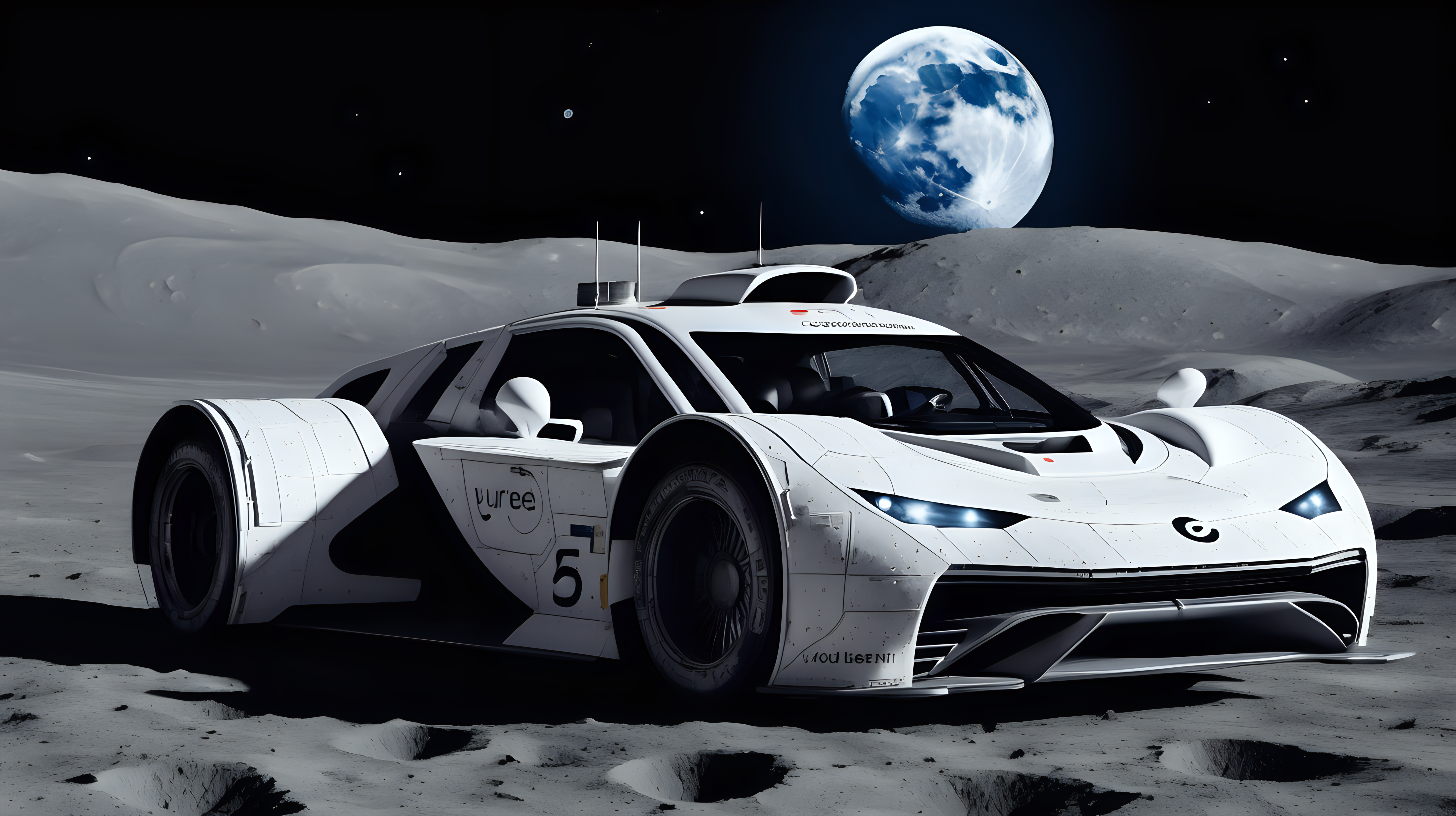 European sports car driving on the Moon