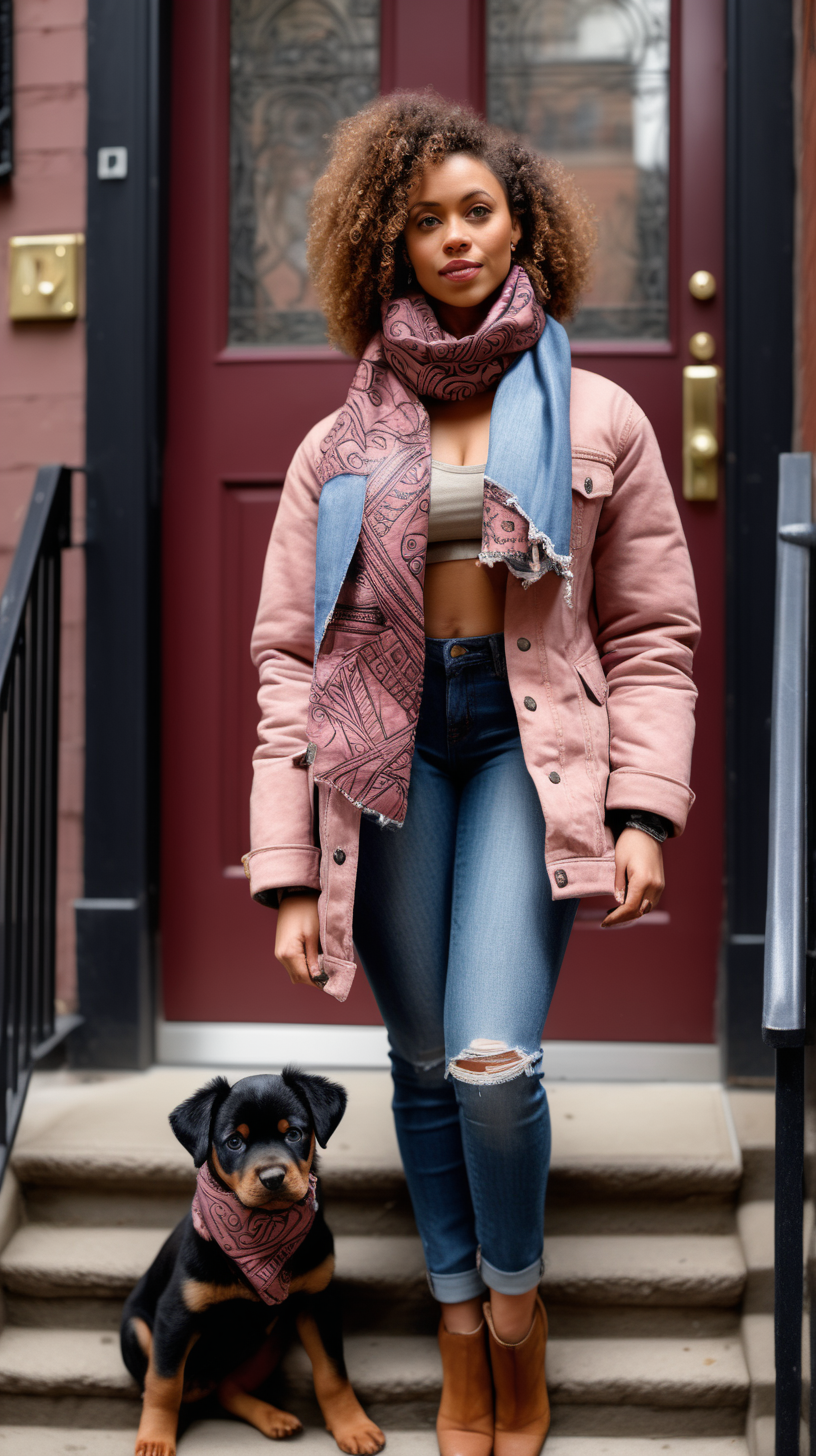 A beautiful, light skinned woman, wearing curly hair, Facing the camera, wearing an African printed scarf, wearing a Dusty Rose, Levi denim jacket reimagined into a waist length, down filled jacket, with brown fur shawl collar, African printed fabric inserted in various places, holding a Rottie puppy, standing on the stoop of a Brownstone in Harlem NY, ultra4k, high definition, hyper realistic