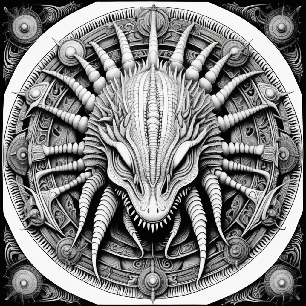 black & white, coloring page, high details, symmetrical mandala, strong lines, stegosaurus with many eyes in style of H.R Giger