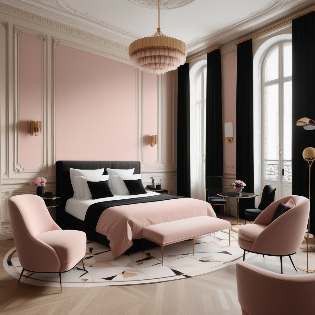A hyperrealistic image of a palatial modern Parisian hotel in a beige, oak, brass, black and dusty rose colour palette
