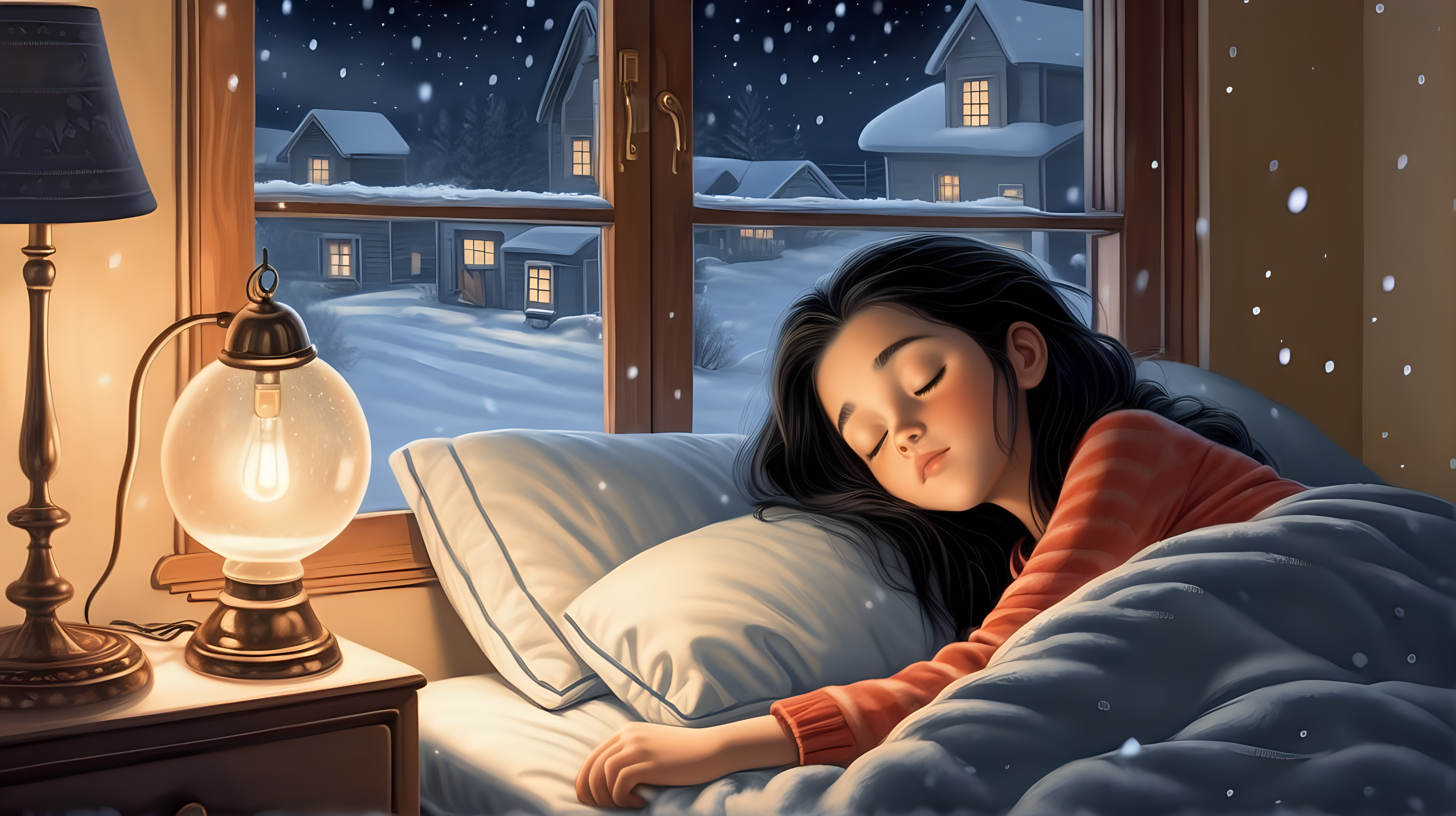 a beautiful girl is sleeping soundly in the bedroom, black hair, it is snowing outside the window, evening lighting from a lamp, deep focus: illustration for a story about a girl,