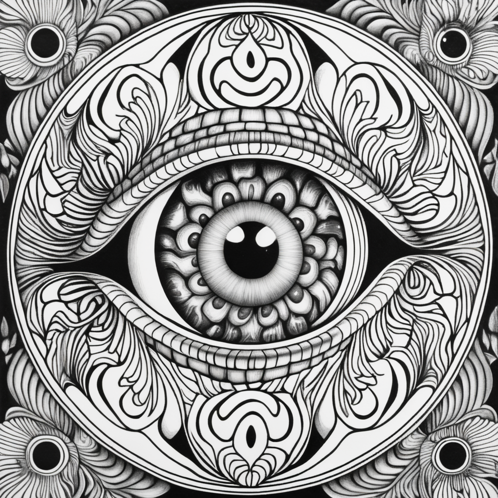 adult coloring book, black & white, clear lines, detailed, symmetrical brain eyeball