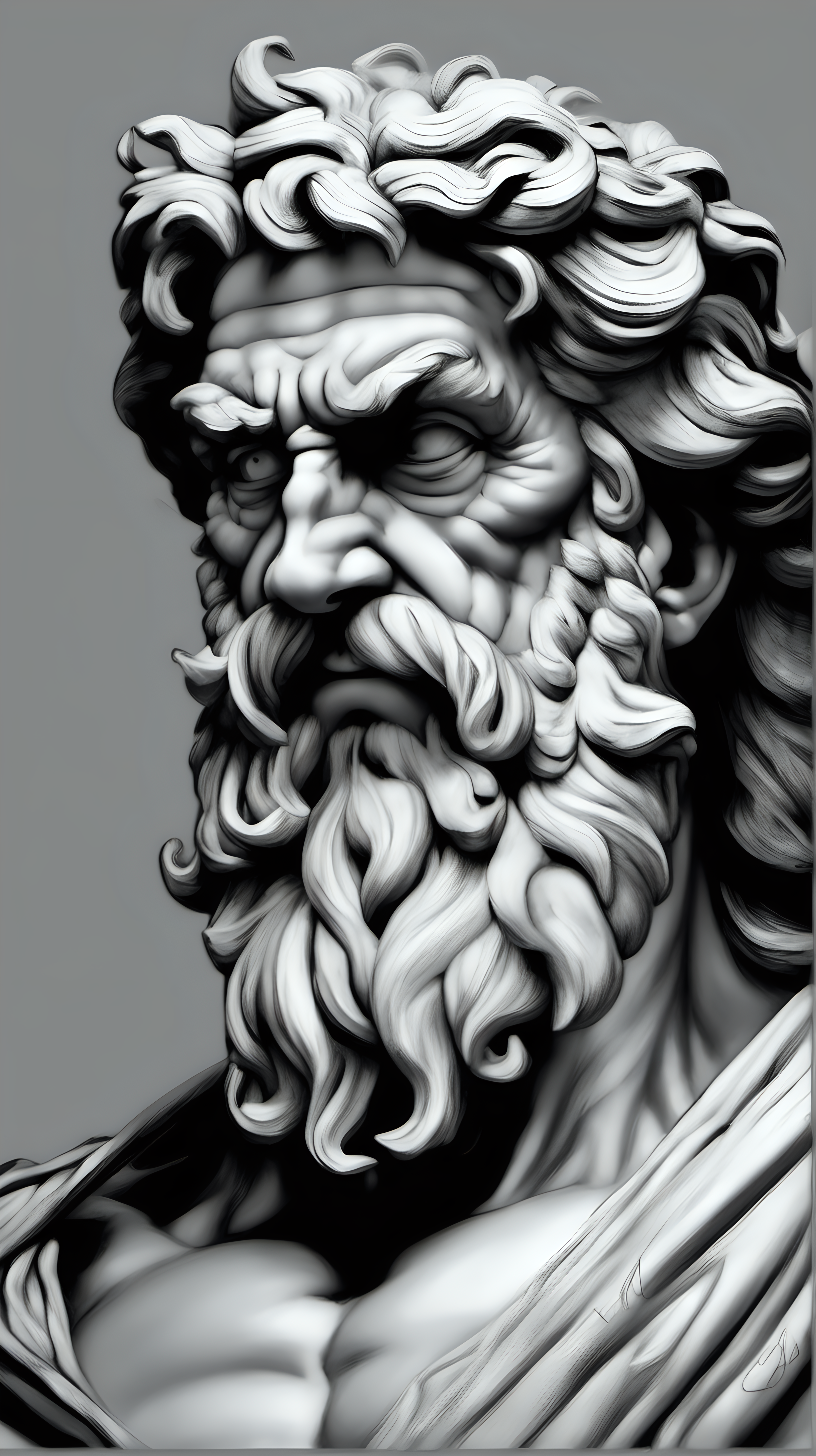 /imagine prompt : a hyper realistic black and gray Michelangelo drawing, portraying  great zeus ,He rules over other gods, gods & goddesses greek mytology
[face portrait]
-no cut
<background>thunder and lightning
<style>pencil drawing
_ar 9:16