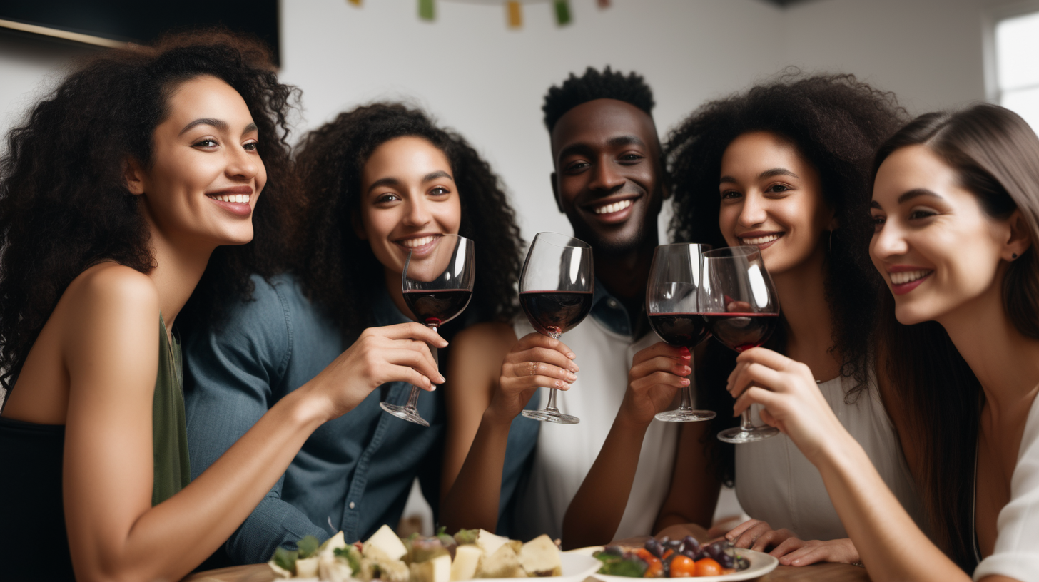 culturally diverse 
Friends drinking wine together at a  party
