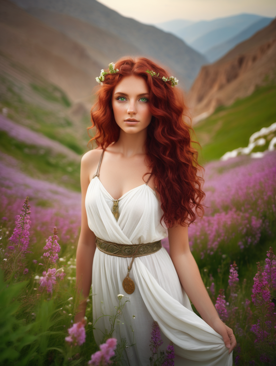 a young very beautiful woman with wavy maroon hair, green eyes, in a valley of flowers. greek goddess