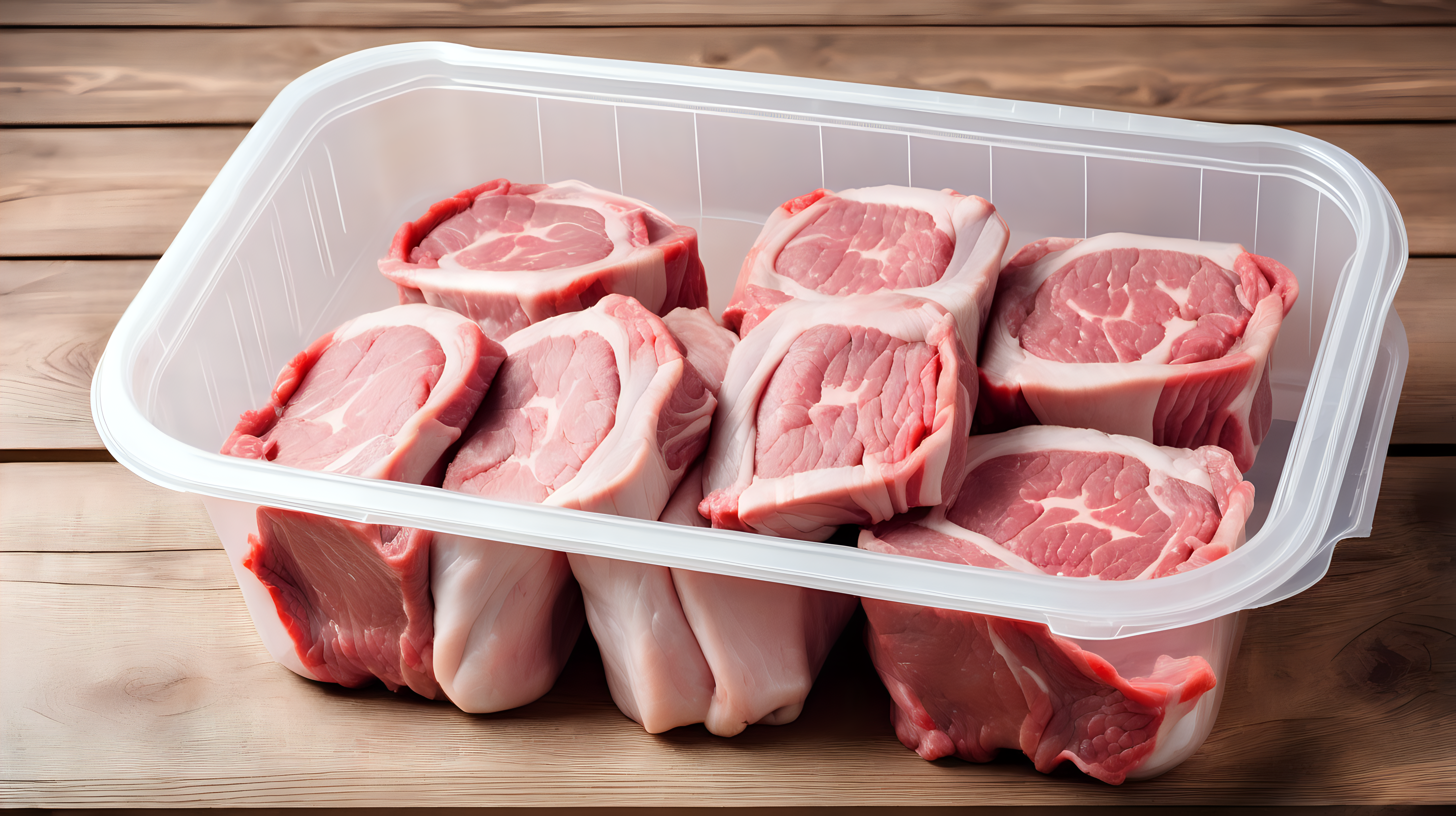 lamb meat in plastic container on wooden table, isolated on white background