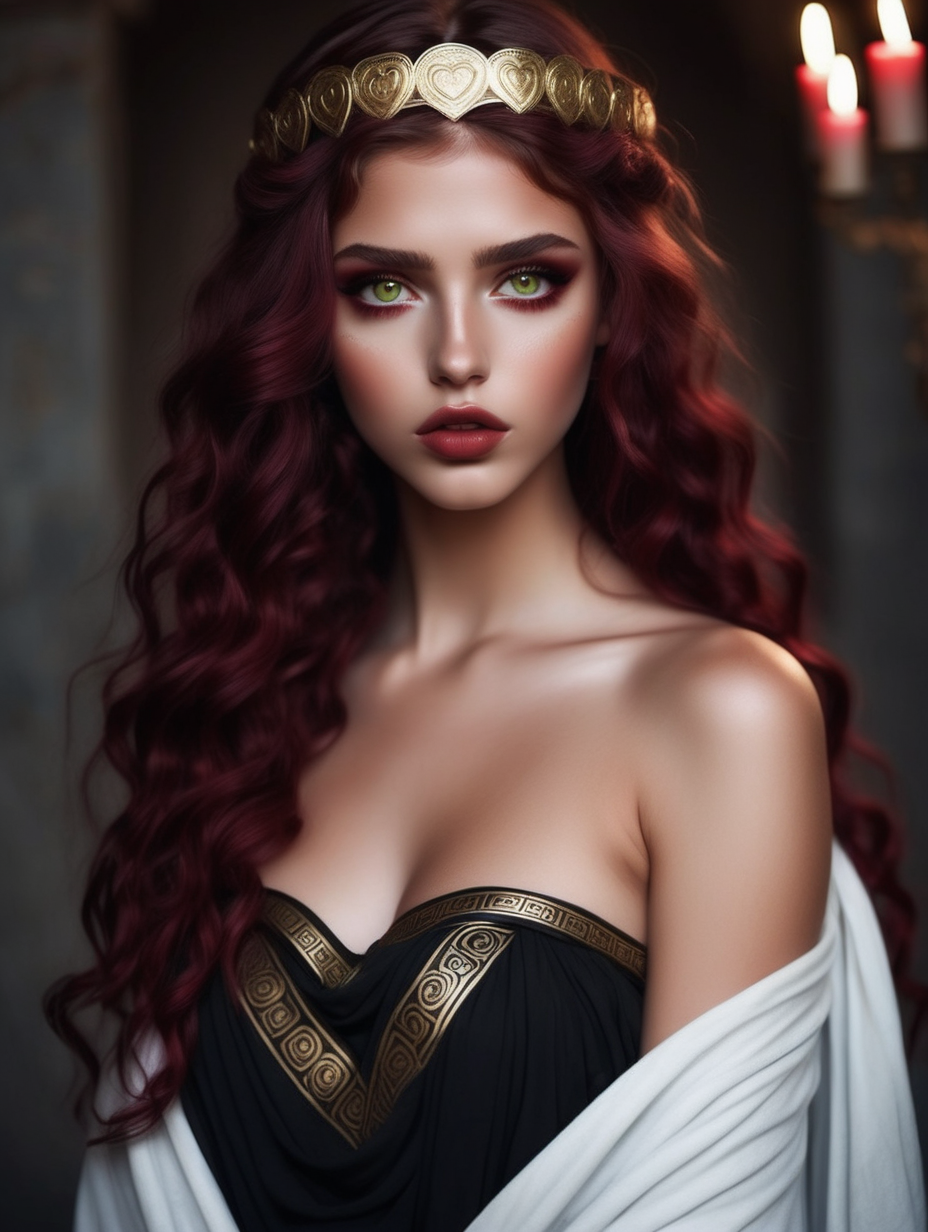a very beautiful greek goddess  wavy maroon hair heart shaped face perfect lips light olive colored eyes in darkness pomegranates wearing a sexy black toga