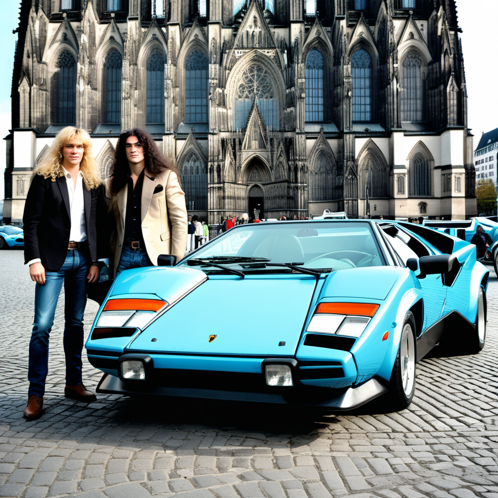 Cologne cathredal two Lamborghini Countach Parked in Front . Two guys one with long curly blond hair the other with Long black hair standing next two the car.
