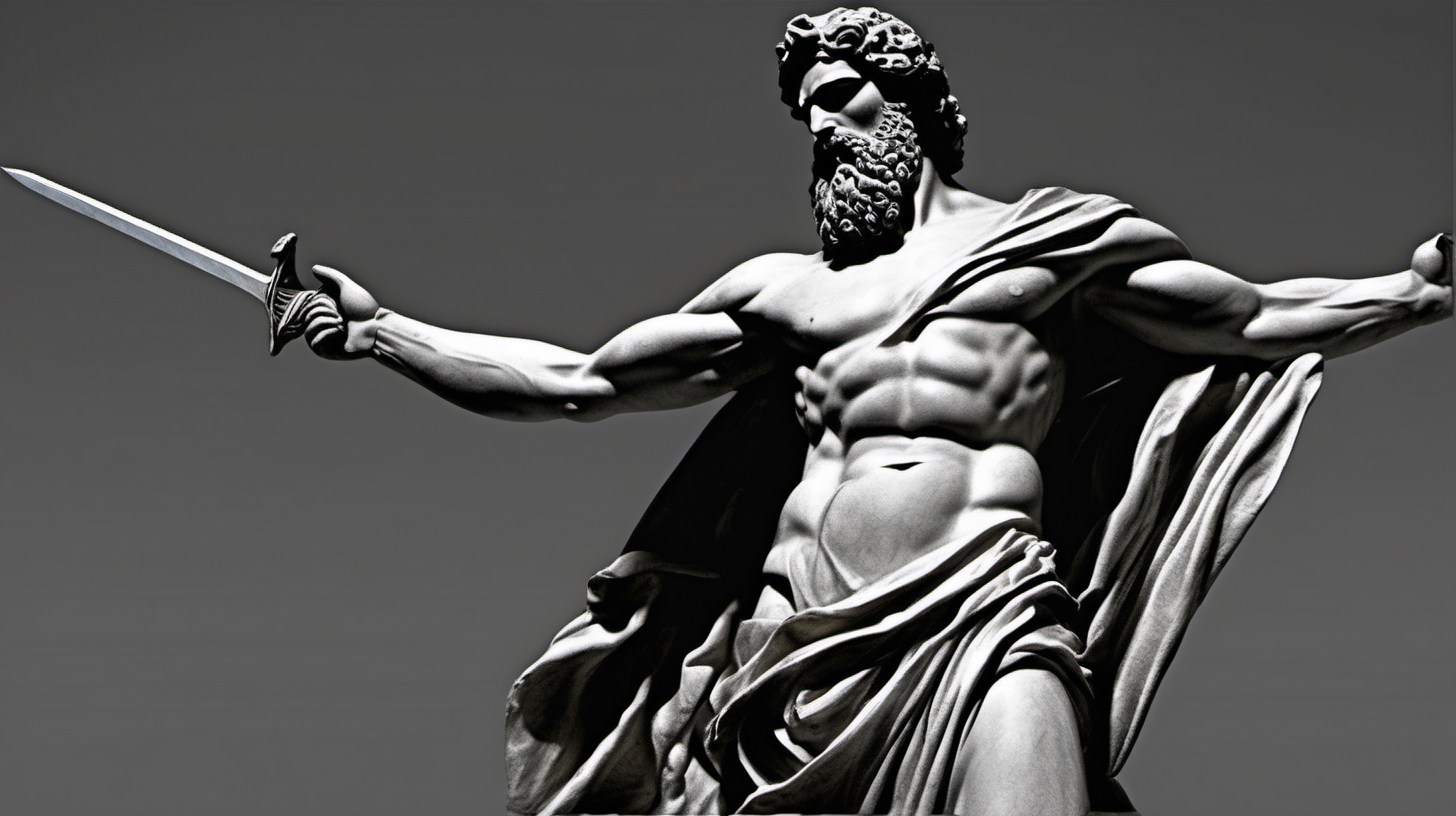 ﻿
Image of a full-body statue depicting a muscular, bearded man with sword. The statue should be in the style of ancient Greek art, characteristic of Stoicism. It should feature clothing elegantly draped over one shoulder. The background should be dark, highlighting the statue as the central element. The statue must demonstrate exceptional
craftsmanship, with intricate details visible in the facial features and attire. The image should have a dramatic feel, achieved through the interplay of light and shadow. The perspective should be a wide shot.