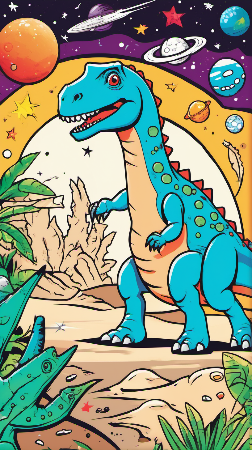 Cover of a children's coloring book about a dinosaur in space