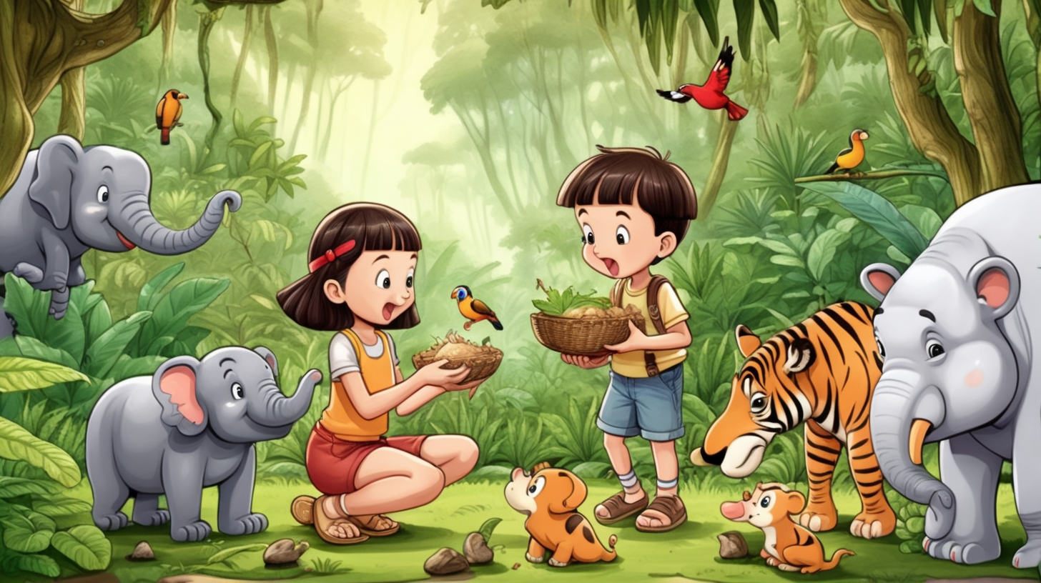 cartoon boy and girl feeding animals in jungle