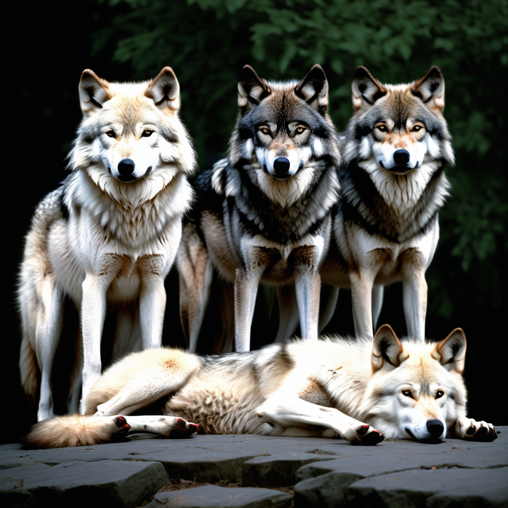 three wolves standing one wolf laying down