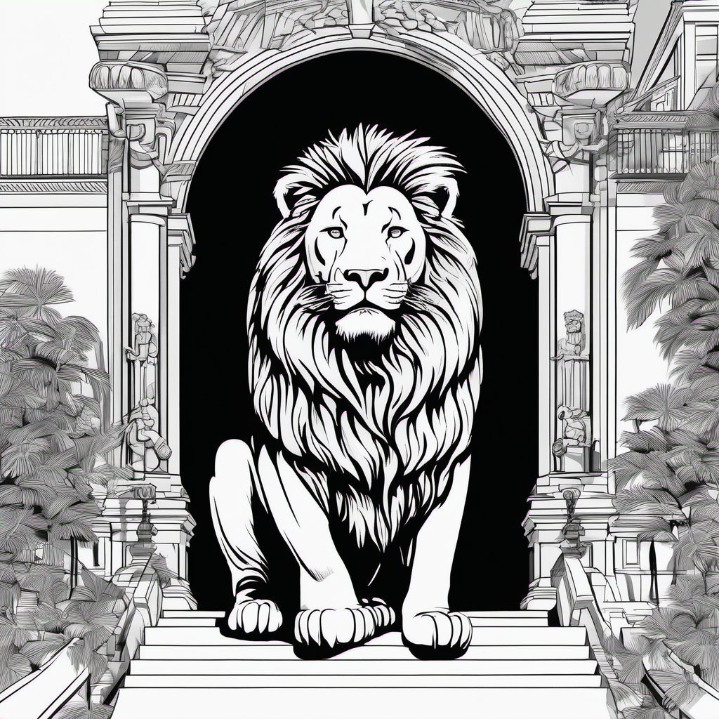 black and white, coloring page, a roaring lion in front of a palace
