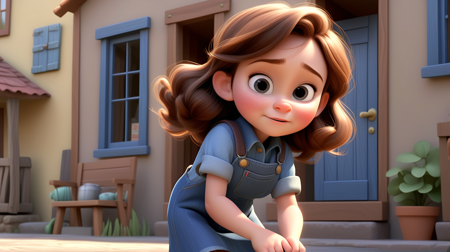 imagine 4 year old small girl with brown hair, fair skin, light brown eyes, wearing a denim dress overall, and a blue shirt, use Pixar style animation, make it full body size, in a village
