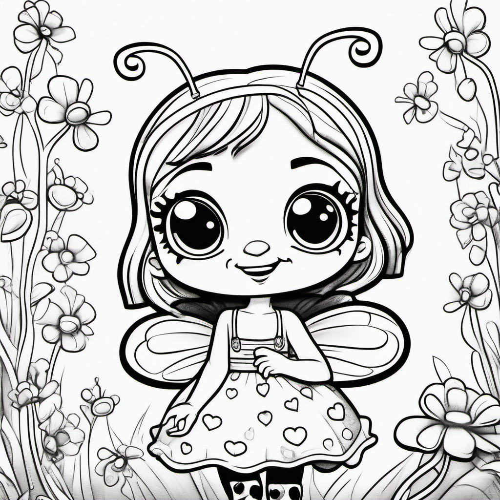 super Adorable little lady bugs
 line art coloring book page, valentine hearts, black and white, sweet smile, character full body, so cute, excited, big bright eyes, shiny and fluffy,
fairytale, energetic, playful, incredibly high detail, 16k, octane rendering, gorgeous, ultra wide angle.