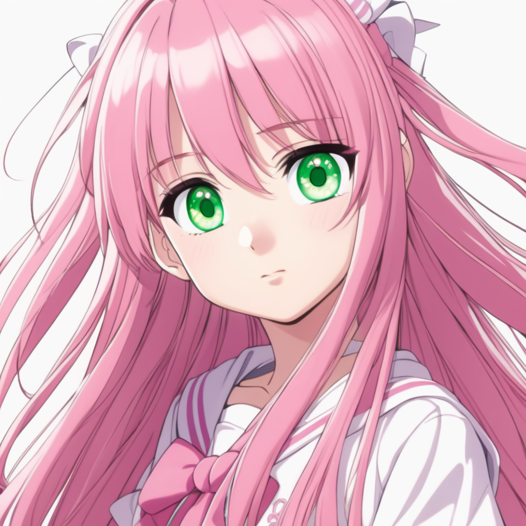 cute female young 18 yrs old anime character pink long hair big beautiful green eyes