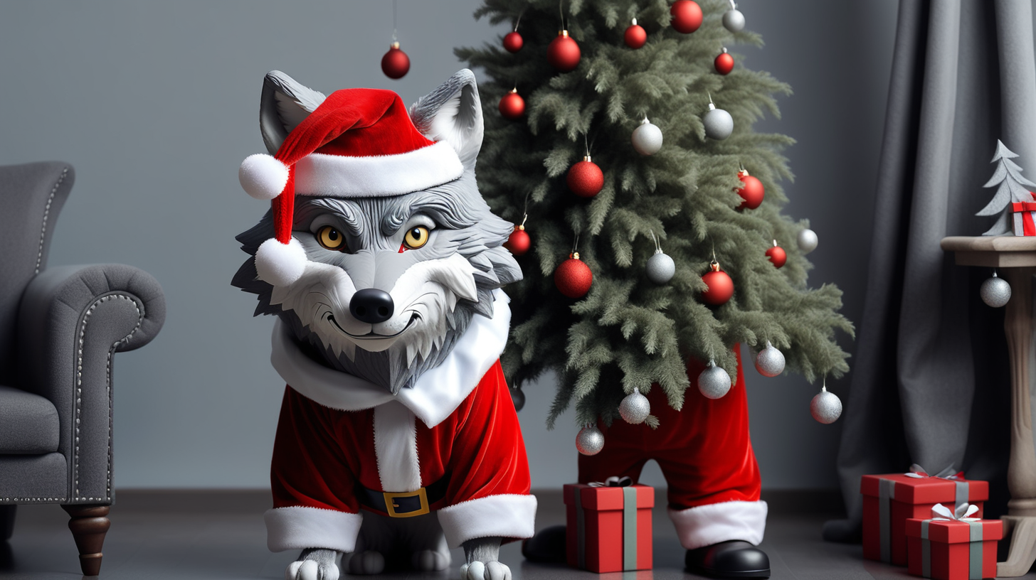 The gray wolf put on a Santa Claus