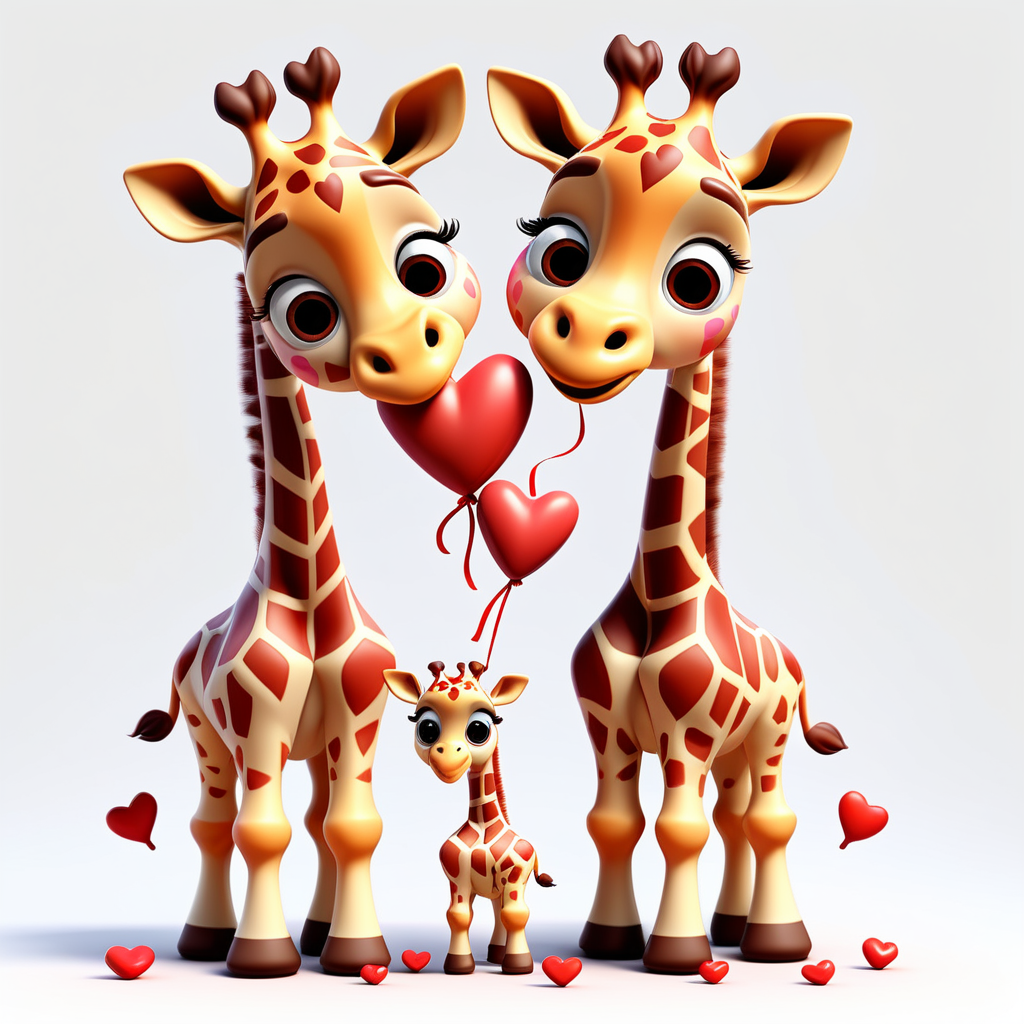 /envision prompt: "Playful Pixar 3D Giraffe Calves Sharing Valentine's Treats" clipart featuring giraffe calves exchanging heart-shaped candies against a white backdrop. Their joyful expressions and vibrant colors add a touch of Valentine's whimsy. --v 5 --stylize 1000