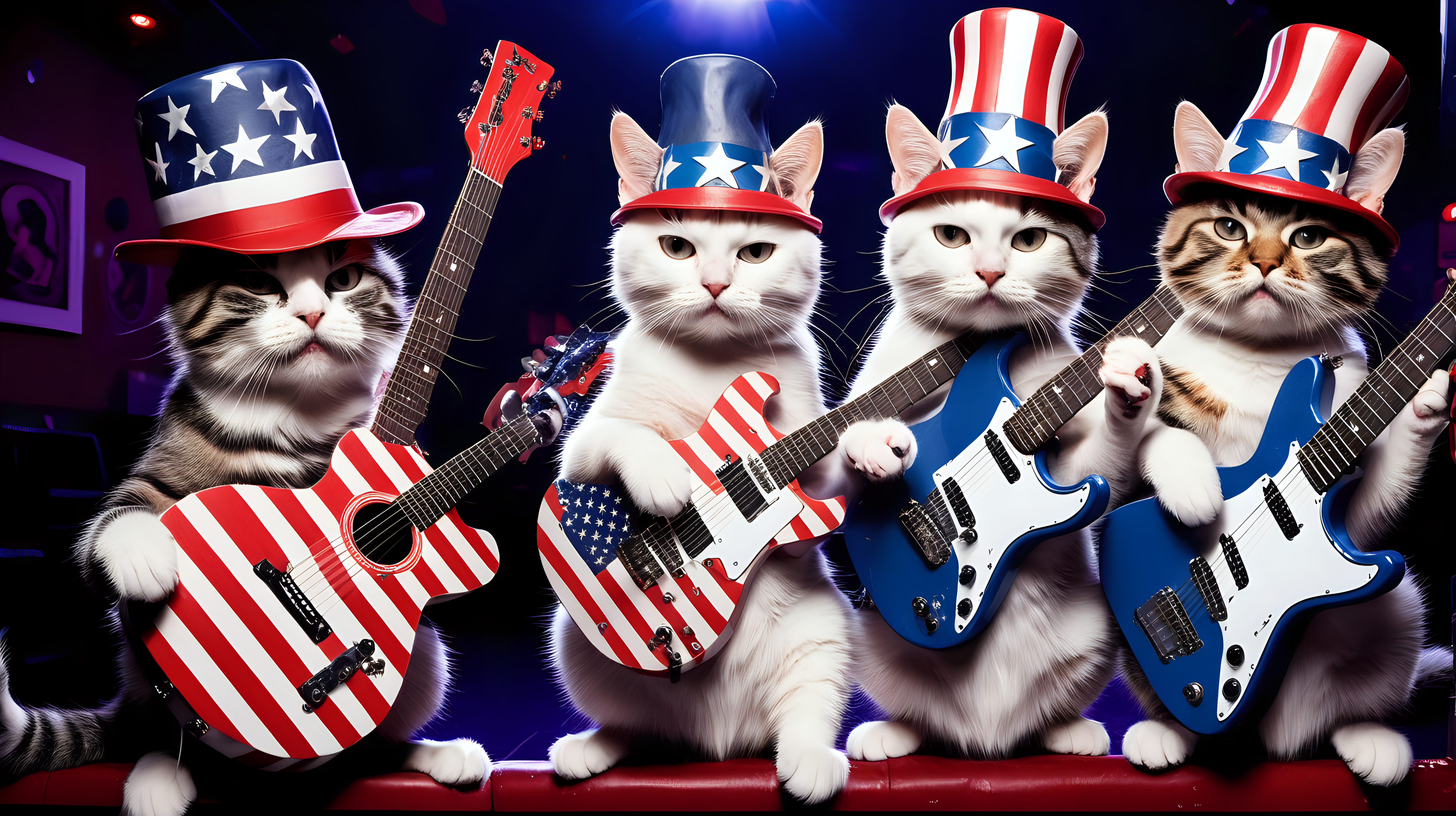 3 cats in hats playing stars and stripes guitars playing in a night club