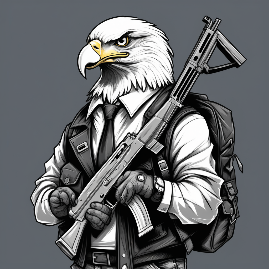 draw a street gangster eagle wearing a backpack while holding an ak 47