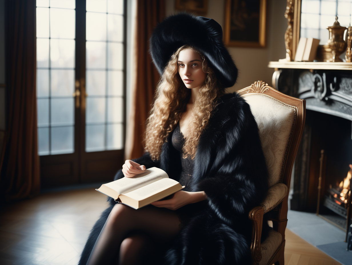 A beautiful slim woman in her twenties with long curly hair, wearing big black fur coat,  hat on head, holding a book, at the fireplace, sitting on a grand royal chair, in the morning, delicate hands, detailed face, detailed skin, detailed hands, photorealistic, gravure, AV, pro photography, slide film, photo book, window light, full body shot, soft body, window light, film grain, 35mm