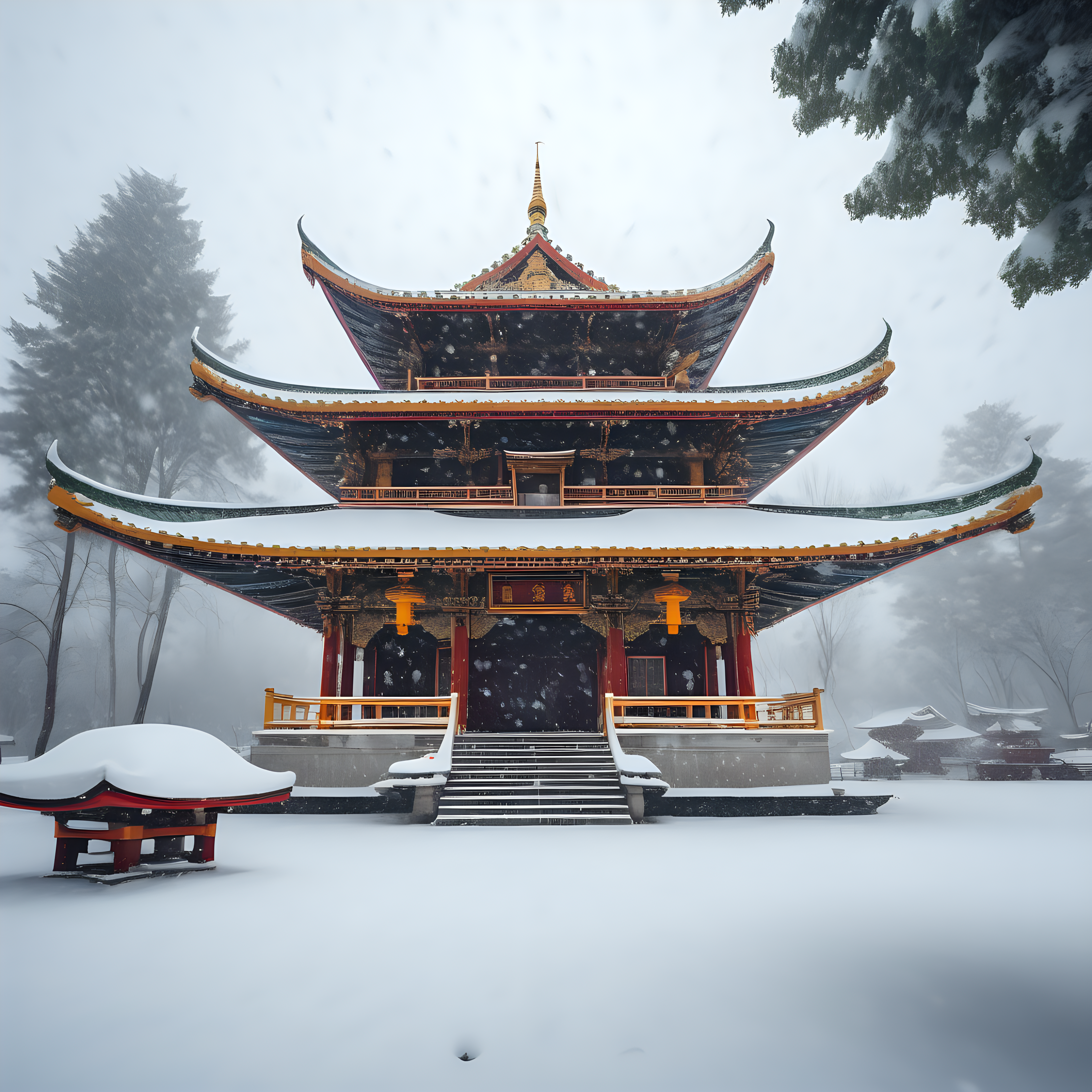 Buddhist temple in winter snow storm with flying