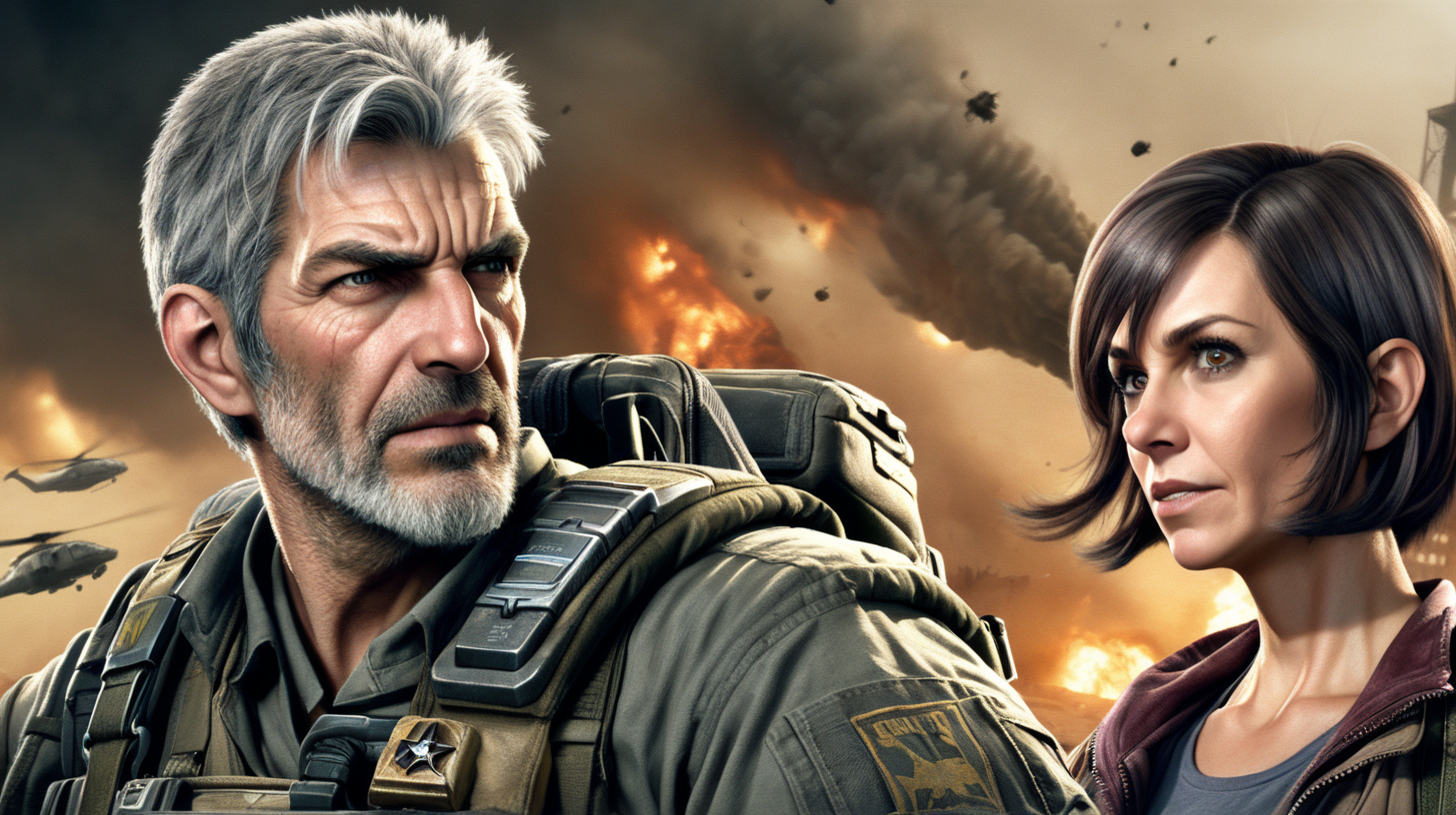 a grey haired man with very short hair and a short grey beard and a brunette middle aged woman with long hair in the style of the video game call of duty, in the background an apocalypse, no other people in the image