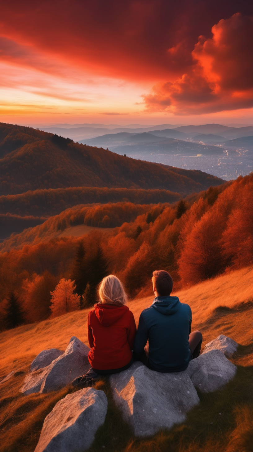 Romantic Couple Sitting on a Mountain Hill Looking