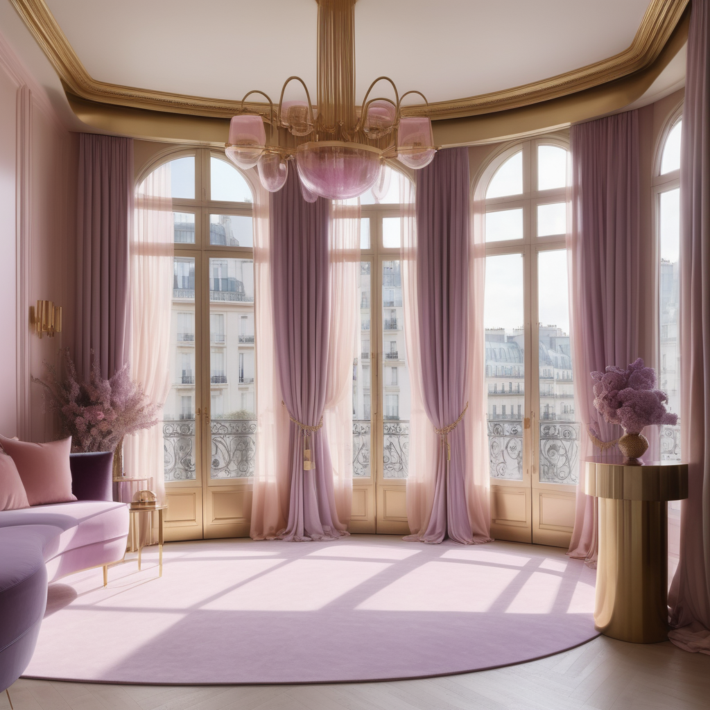 hyperrealistic image of large modern Parisian laundry, floor to ceiling windows, curves, beige, pink, lilac and brass colour palette, brass chandelier, sheer curtains