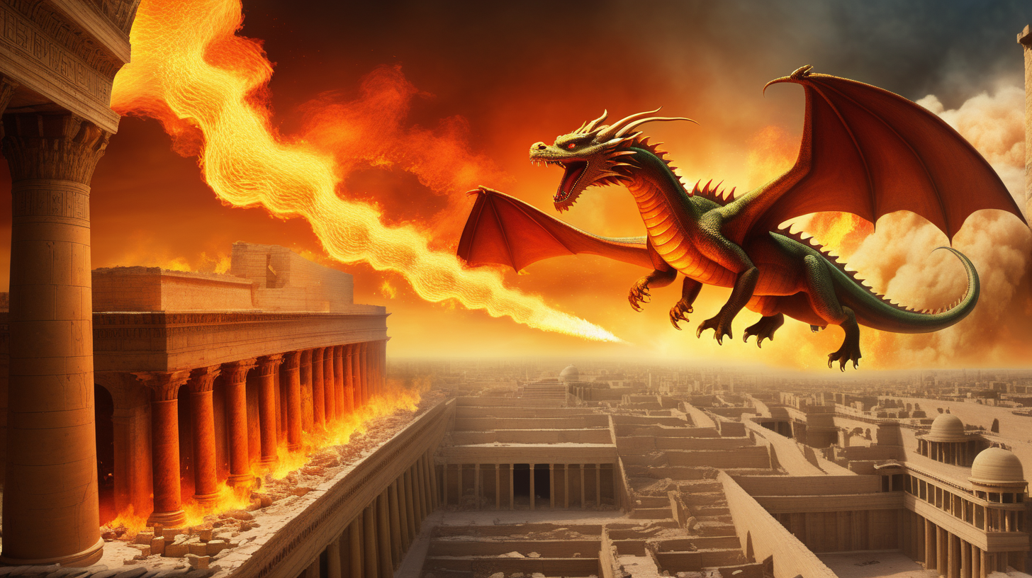 Fire breathing dragons hovering over ancient Babylon in ruins