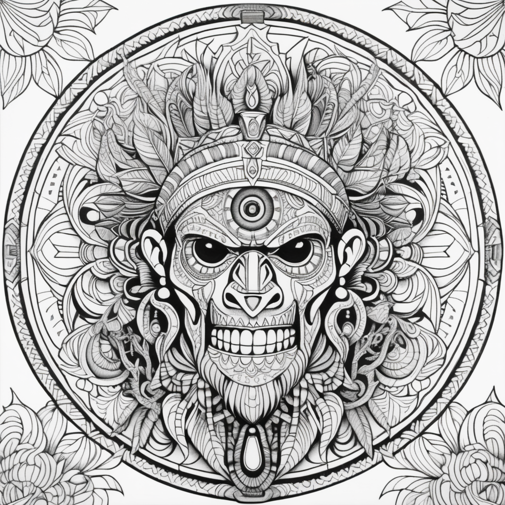 adult coloring book, black & white, clear lines, detailed, symmetrical mandala witch doctor