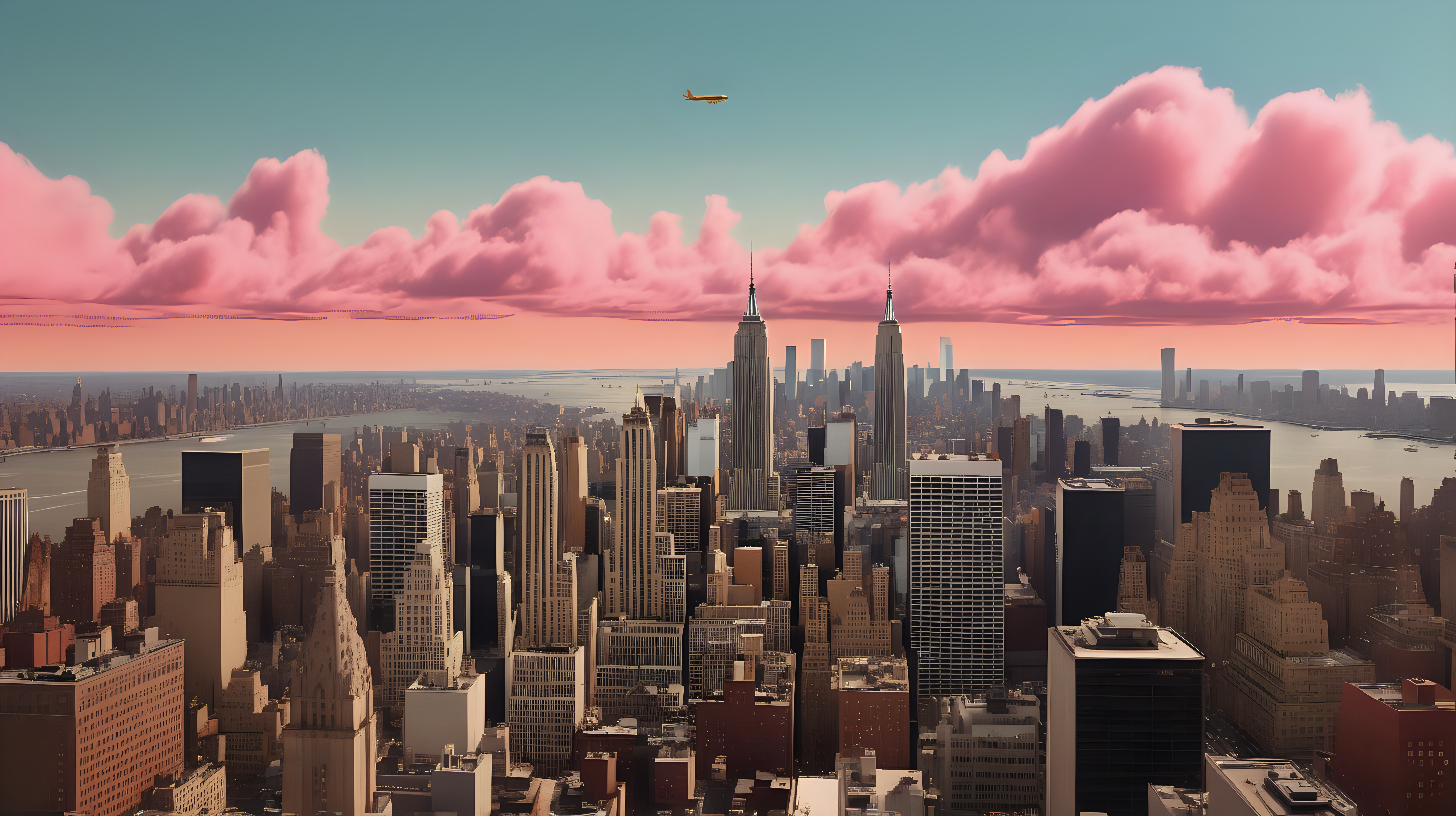 high quality matte painting of the new york city skyline from the perspective of someone in new jersey in the style of a wes anderson movie
