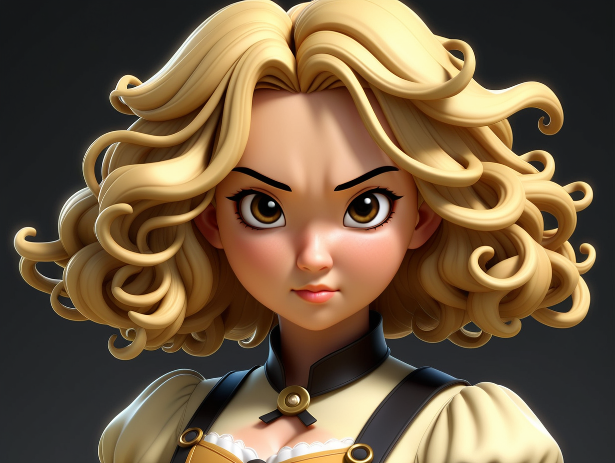 3D, Anime, adult, age 35, Asian female, Describe in vivid detail the appearance of Goldilocks. Portray her with short, long-blonde curly hair, framing her face with dark black eyes. She is a fighter and is holding two daggers that she uses in combat.