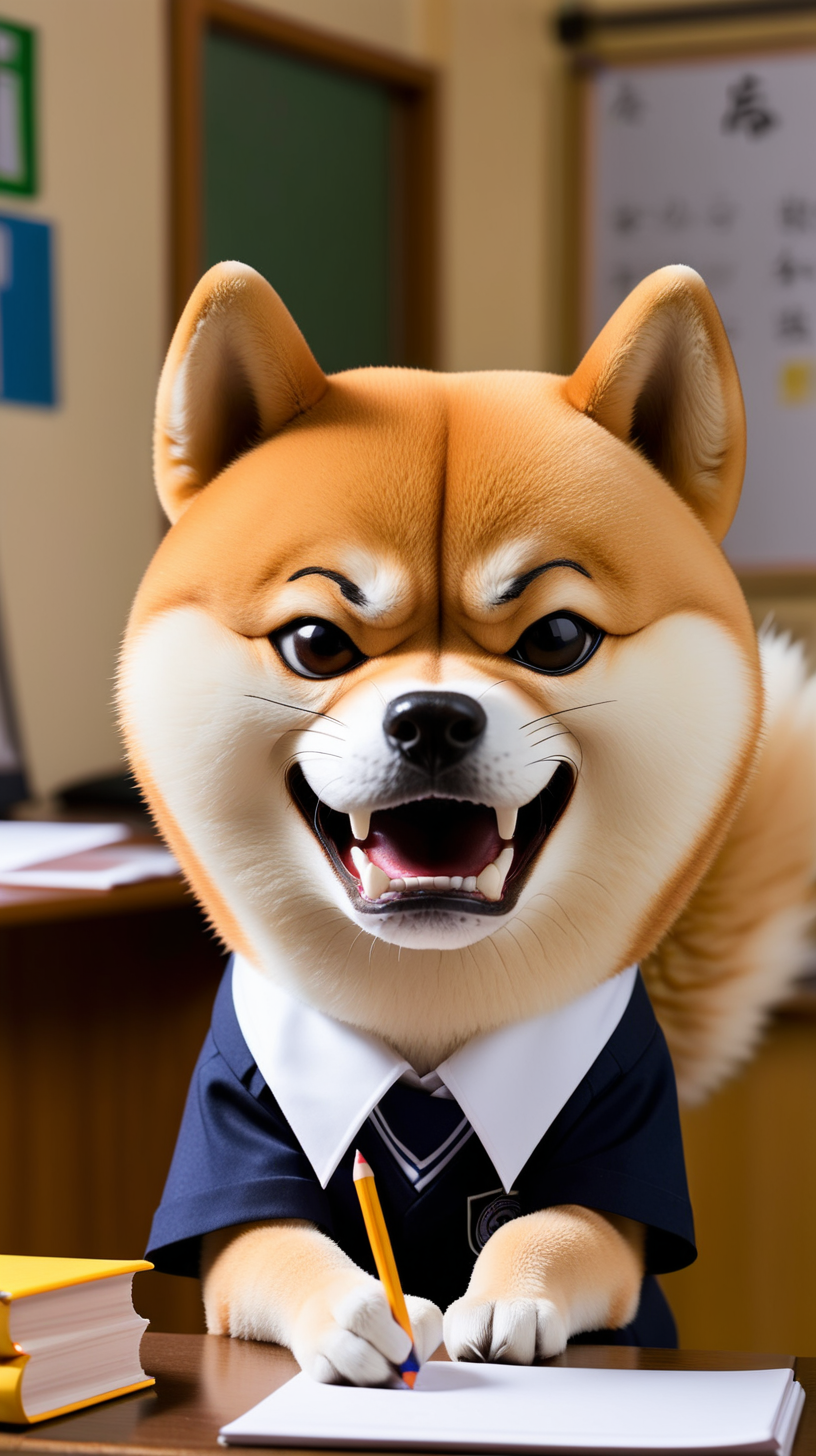 an angry SHIBA INU wearing school uniform, writing his exam