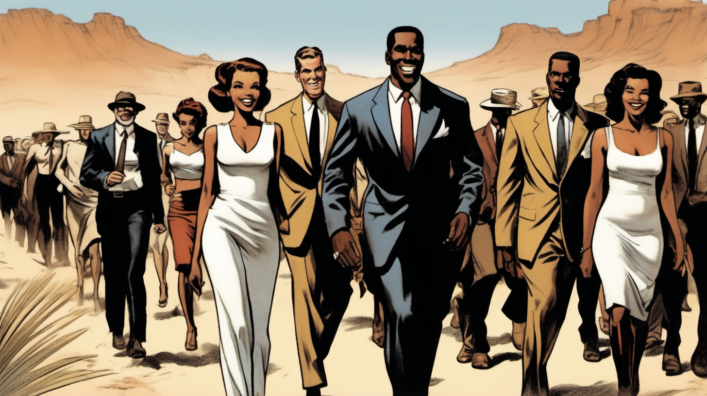 a black man with a smile leading a group of gorgeous and ethereal white and black mixed men & women with earthy skin, walking in a desert with his colleagues, in full American suit, followed by a group of people in the art style of Ed Emshwiller comic book drawing, illustration, rule of thirds
