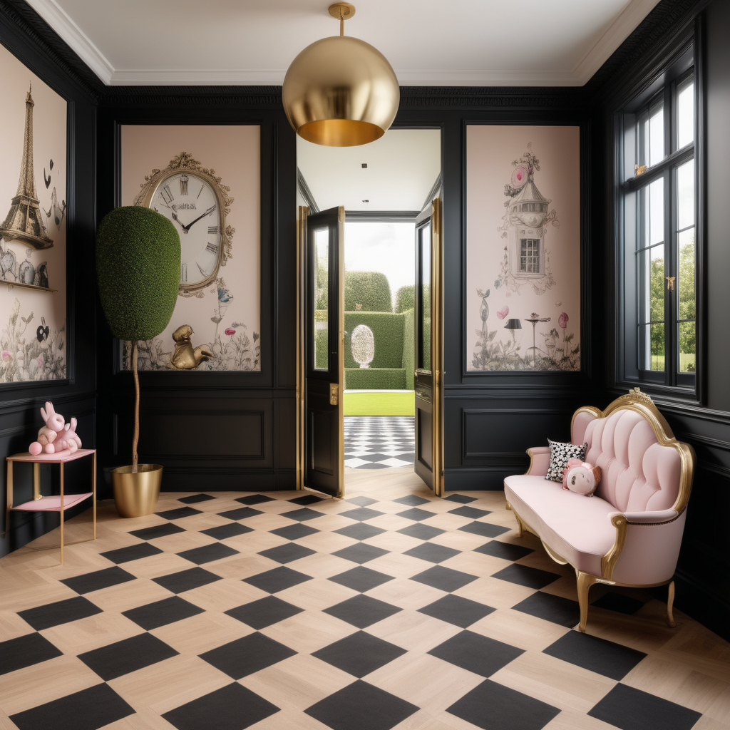 a hyperrealistic image of a grand Modern Parisian  Alice In Wonderland style fantasy playroom in a beige oak brass and black colour palette with floor to ceiling windows that blend into the walls and a door leading to the manicured gardens