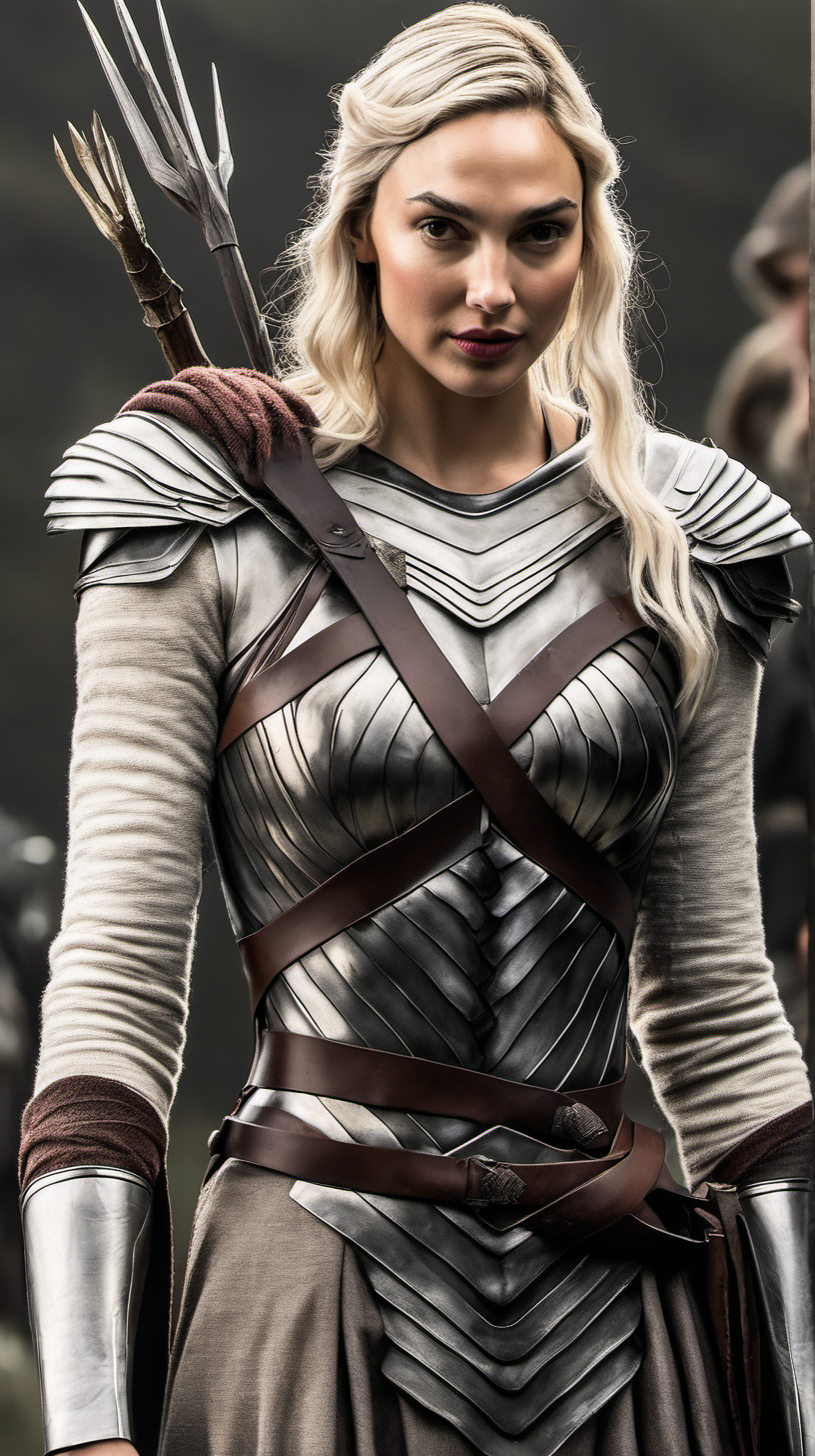 Gal Gadot with waistlength whiteblonde hair standing with