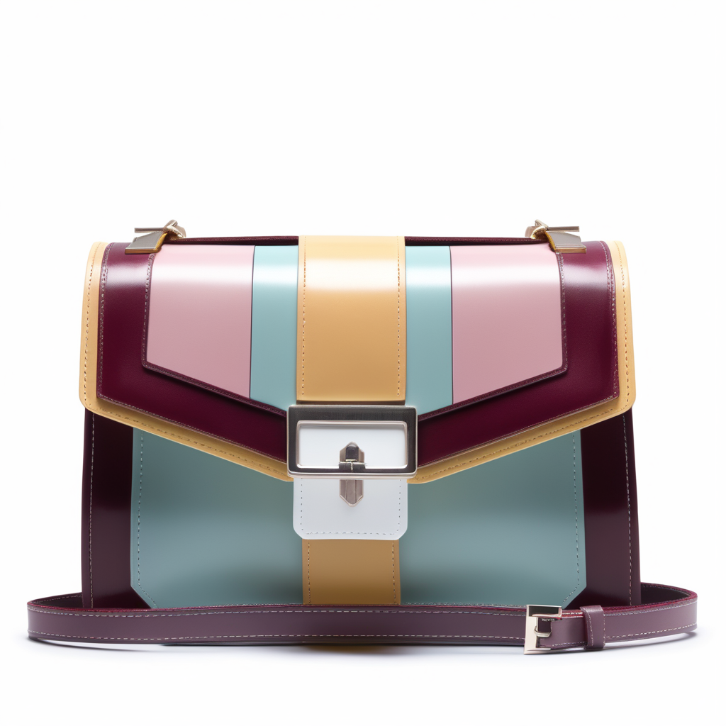 Neoclassic inspired luxury small laminated leather bag with flap and metal buckle- geometric shape - frontal view - color contrast borders - pastel colors - Burgundi shades