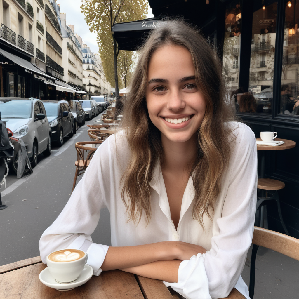 A smiling Emily Feld dressed in a long, white blouse and jeans sitting at a table outside a cafe in Paris having coffee