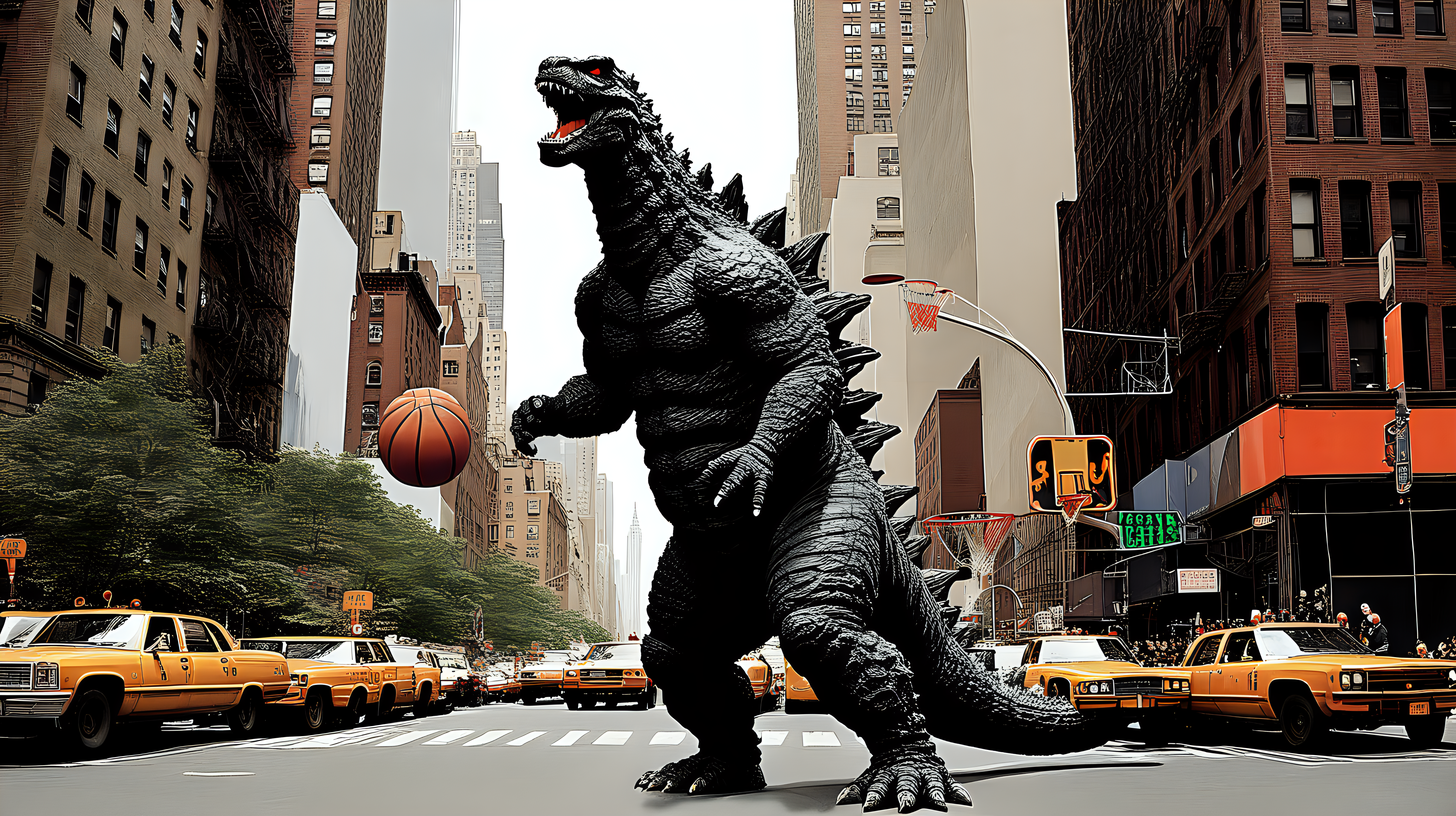 Godzilla playing basketball in NYC
