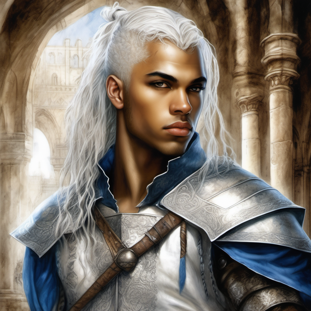 genera un retrato, estilo Luis Royo, de una guerrera medieval mulata, veinte años, pelo blanco, ojos azules, muy hermosa y sexy, de fondo un salón de palacio





