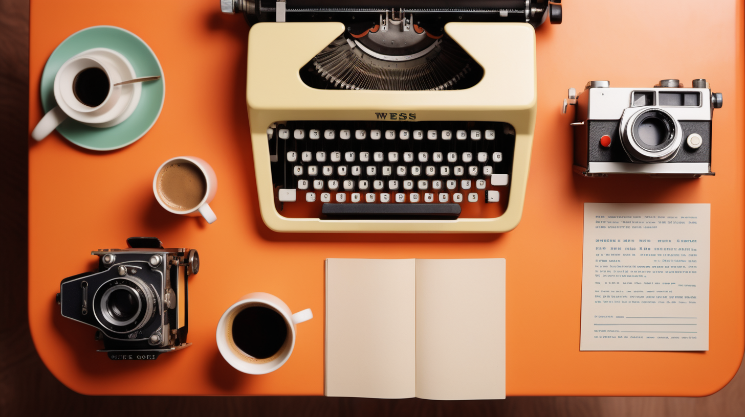 Desktop with coffee cup, typewriter, film camera  in the style of a wes anderson film. Camera looking down on desktop from above.