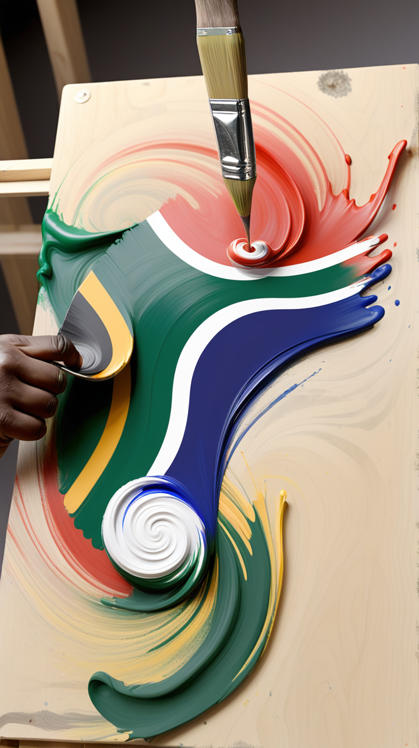 The South African Flag, being swirled into paint on a balsam wood pallete